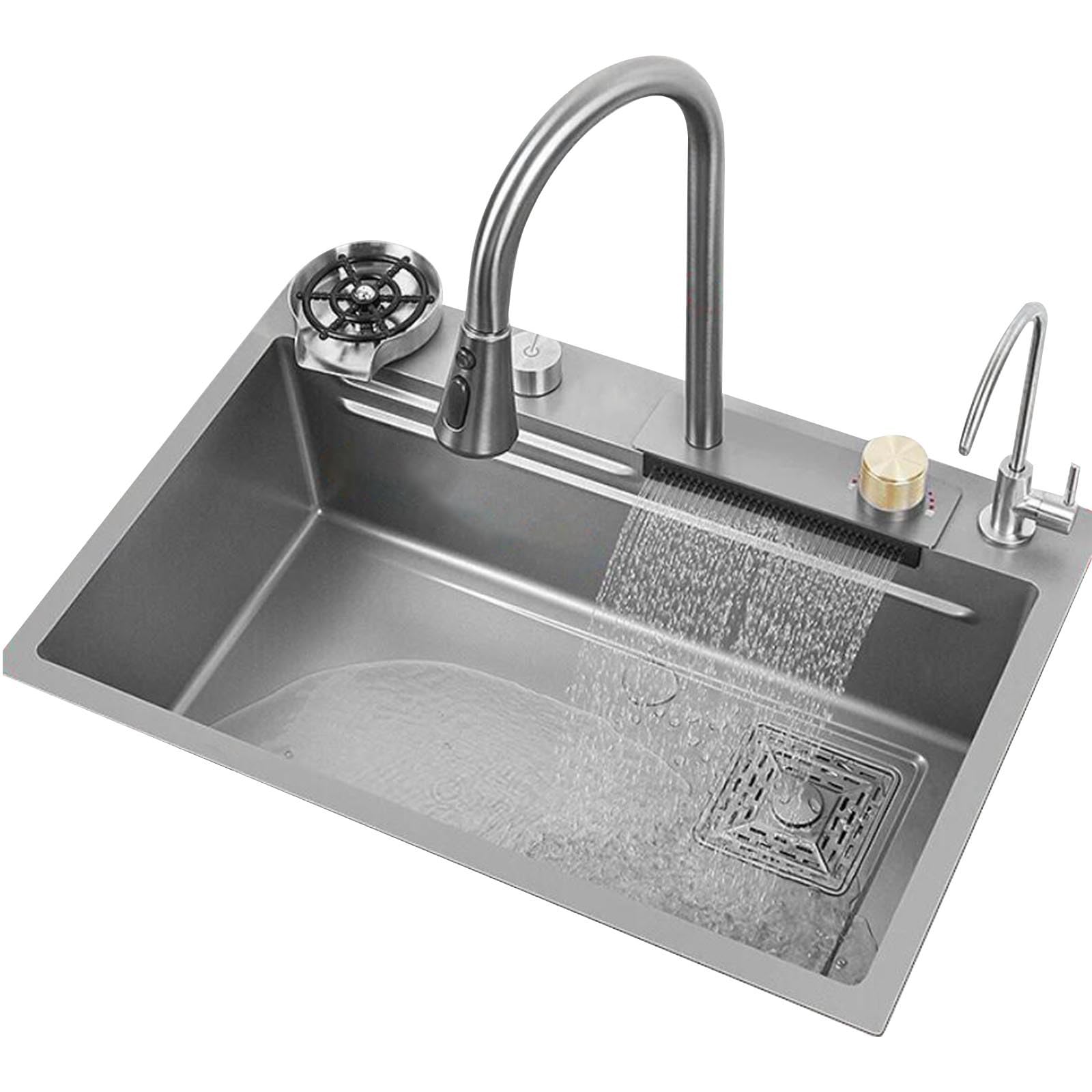 LMYSXAOZ Single Bowl Easy-to-clean Kitchen Sink On Countertop Gray Stainless Steel Waterfall Household Commercial Apartment Vegetable Washing Basin(80 * 45 22cm)