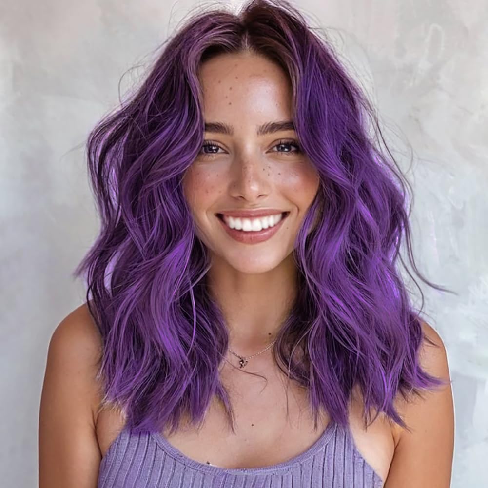 PORSMEER 14 Inches Short Purple Wavy Bob Wig Middle Part for Women Beach Wave Wigs for Halloween Costume Party,Compatible with Tonks Wig or 1940S