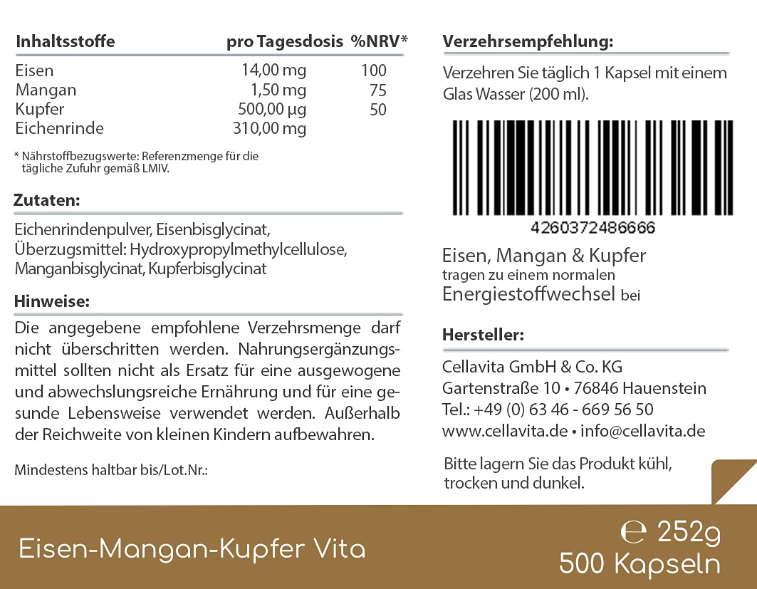 Cellavita – Eisen-Mangan-Kupfer Vita 300 Kapseln – Mineralstoffkombination zur täglichen Unterstützung – Mineralstoffkomplex mit hochwertigen Spurenelementen – Nahrungsergänzungsmittel zusatzstofffrei