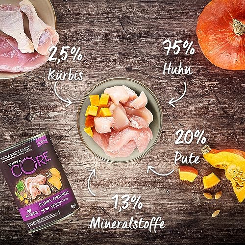 Wellness CORE 95% 6 x 400g, Huhn & Truthahn – Hundefutter Nass, stückige Pastete für Welpen, getreidefrei, natürlich, hypoallergen, proteinreich, hoher Fleischanteil