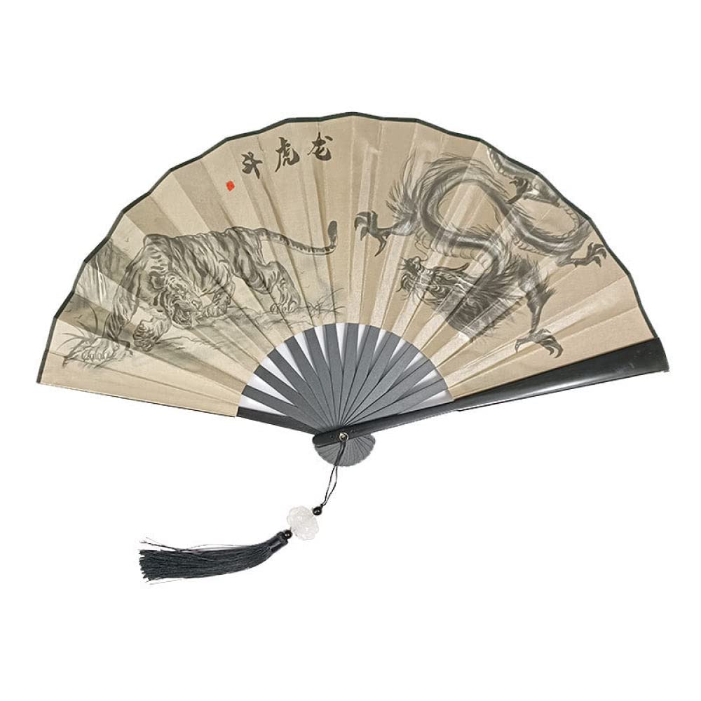 qbodp 2 Pcs Folding Hand Fan for Men,Chinese Vintage Plastic Handle Folding Fan with Tassel Pendant,10 Inches Portable Foldable Fan,Double-Sided Printed Tiger Dragon Pattern