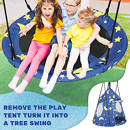 Zupapa Hanging Tree Swing, 2 In 1 Detachable Saucer Tree Swing Play House Tent For Kids, Max Capacity 400 Lbs For Indoor Outdoor Use, Tree Straps Included(Flag Element) #TOP1
