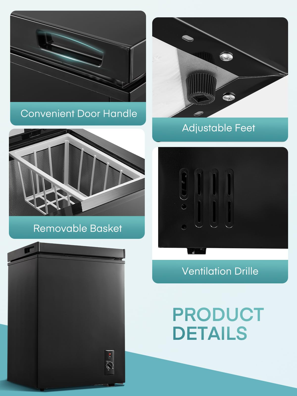 FOHERE Congelador Horizontal, Capacidad 70L, Alto 72.5 cm, Cesta con Asa, Silencioso 45 dBA, 6 Ajustes de Temperatura, Negro
