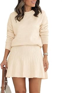 Tankaneo Women's 2-Piece Sweater Skirt Set: Long Sleeve Crewneck Top & Pleated Mini Skirt Knit Lounge Outfit