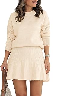 Womens Skirt 2 Piece Sweater Set Long Sleeve Crewneck Sweaters Pleated Mini Skirt Knit Lounge Sets