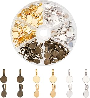 PandaHall Elite 1 Box 108pcs Flat Round Tibetan Style Alloy Glue on Pad Bails Pendant Cabochon Jewelry Accessories, 18x10x5.5mm, Hole: 6x3.5mm, Gold/Silver/Bronze