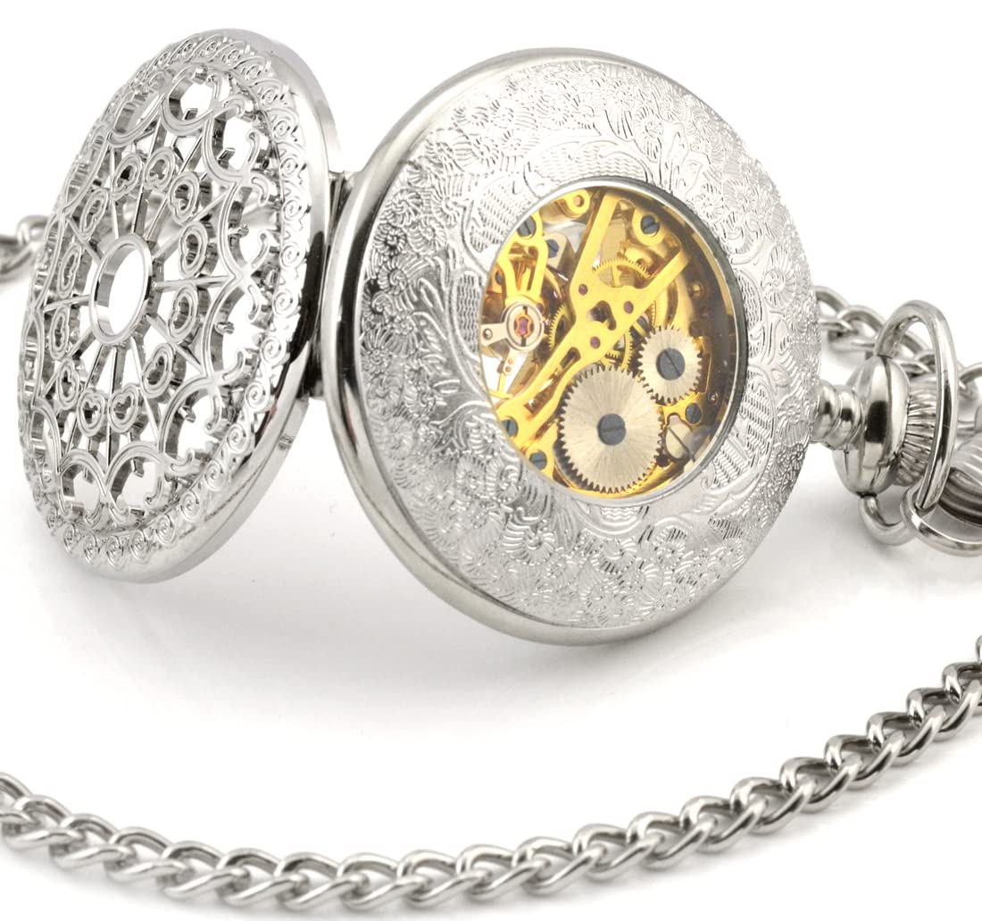 Forma de Corazón Telaraña Hueco Esqueleto Acero Reloj de Bolsillo Movimiento Mecánico Plateado