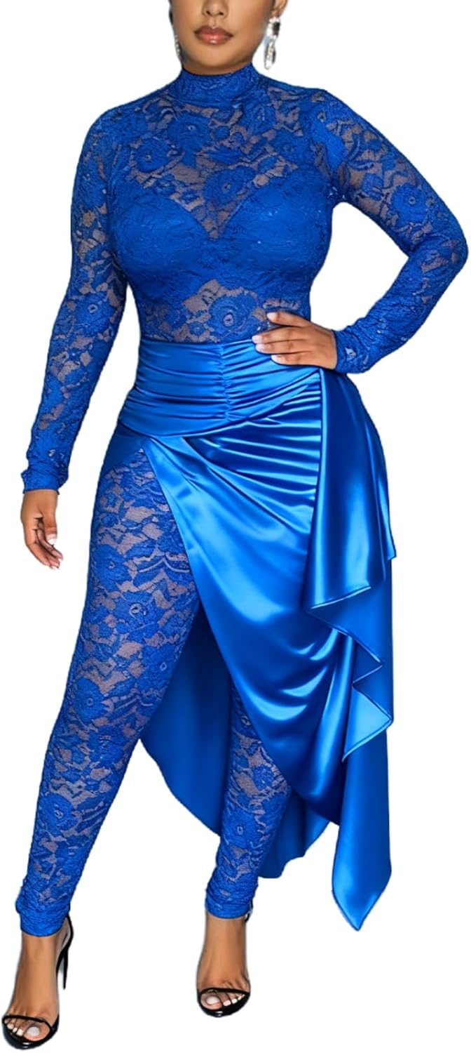 YOUFE Women's Lace See Through Jumpsuit Bodycon Sexy Club Outfits Long Sleeve Pleated High Split Midi Skirt One Piece Set