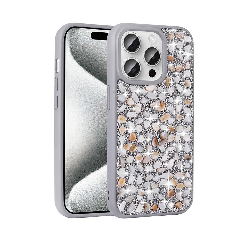 Zore Apple için uyumlu iPhone 15 Pro Kılıf Parlak Taşlı Tasarım Zore Linea Kapak Gümüş