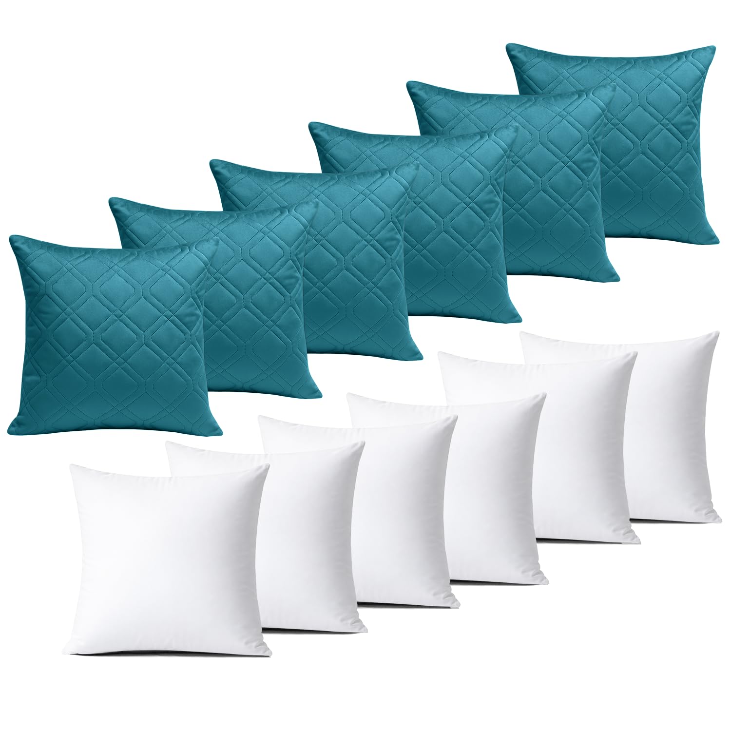 BedLooms Cushions with Covers Included 45x45 cm Teal Pack of 6 (6-Cushion Covers + 6-Cushion Inners) Ultrasonic Diamond Velvet Square Throw Pillow Cases with Invisible Zipper for Sofa Bedroom