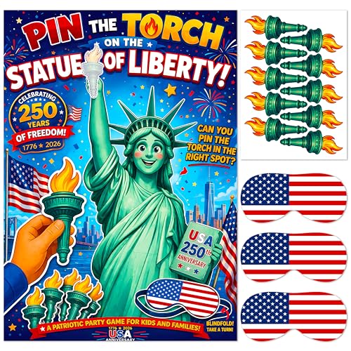 Pin the Torch on the Statue of Liberty Party Game for Kids | Patriotic 4th of July Games with A1 Poster 30 Torch Pin Stickers 3 USA Flag Blindfolds | Birthday Party Game 250 Anniversary Party Favor