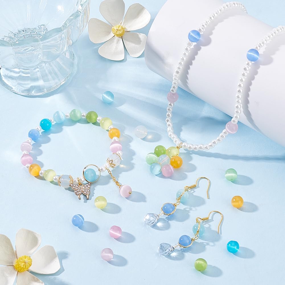 PH PandaHall 100Pcs 10 Colors Cat Eye Beads 8mm Glass Round Beads Gemstone Loose Beads Cat's Eye Stone Colored Small Beads Crystal Beads for Bracelet Necklace Earrings DIY Jewelry Making - Image 2