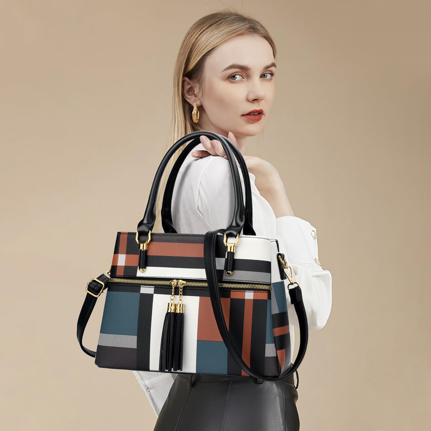 KKXIU Women Satchel Bags Handle Shoulder Handbags and Purses Pockets Zipper Leather Crossbody Bags (Z-Stripe Pattern)