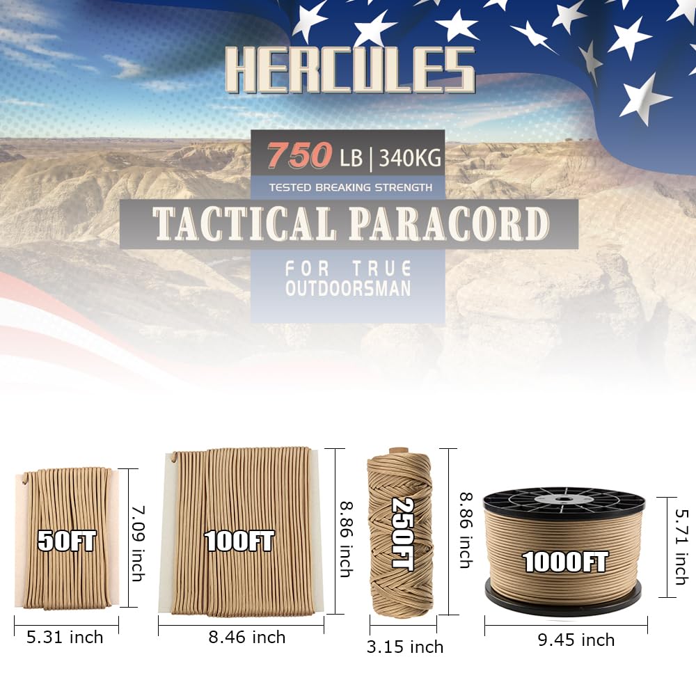 HERCULES Paracorde 340 kg – Corde de parachute tactique à 11 brins de 4 mm, corde utilitaire de 15,2 m, 30,5 m, 300 m pour camping, survie, équipement d'extérieur (brun désert, 300 m)