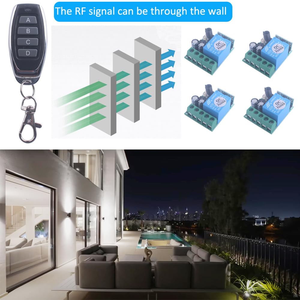 Mini Wireless Remote Switch 6V/12V/24V/10A Relay Remote Light Switch,328FT Long Range RF Wireless Control for Motor,Lamps,LED Lights,Fans, DIY Toys (DC 6V-24V/ 4*Receiver 2 Controller)
