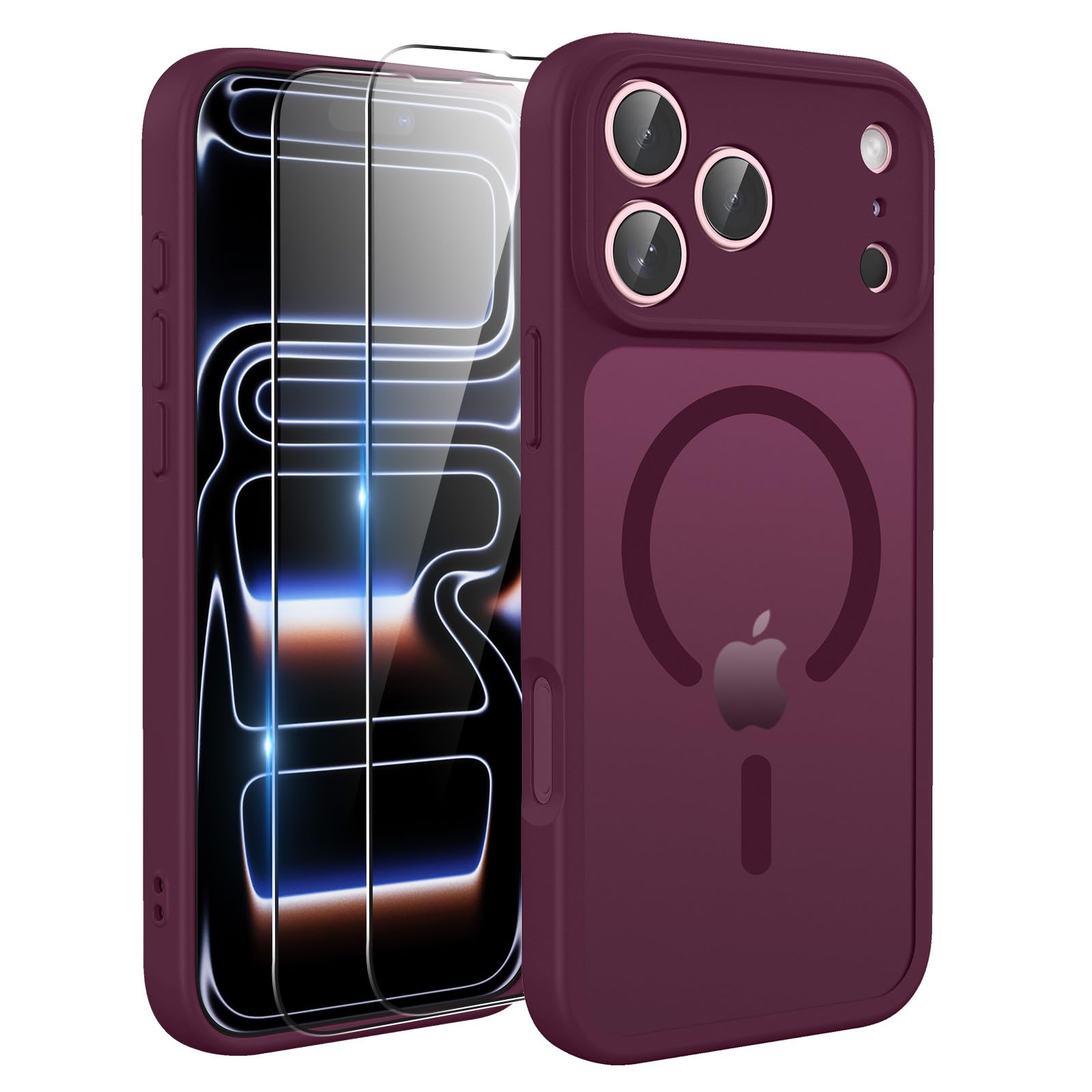 TQIAHF Cover Custodia Magnetica per iPhone 18 Pro, Rosso Vino | 2 Pellicola Vetro Temperato Protezione Schermo Compatibile con Magsafe Militare Antiurto Sottile Opaca Telefono Case