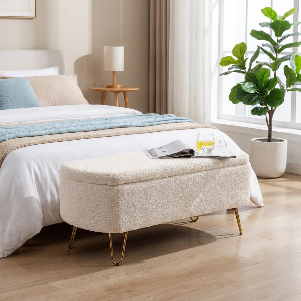 Modern Ivory White Storage Ottoman Bench with Gold Legs, Faux Fur Upholstered, 39.37 x 15.75 x 15.50 Inches, Padded Seating with Hidden Storage for Living Room, Bedroom, End of Bed
