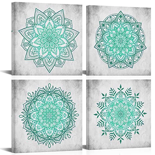 Homeoart Boho Decor Mandala Flower Painting Teal Grey Wall Art Boho Floral Art Canvas Prints Bedroom Living Room Home Wall Decor 12"X12"X4 Pcs #TOP6