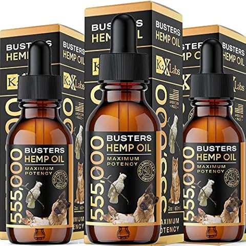 K2xLabs 3Pack-6Month Supply, Buster's Organic Hemp Oil for Dogs and Pets, 555,000 Max Potency, Large 60ml Bottle - Miracle Formula, Perfectly Balanced Omegas 3, 6, 9 - Joint Support, Calming Cover