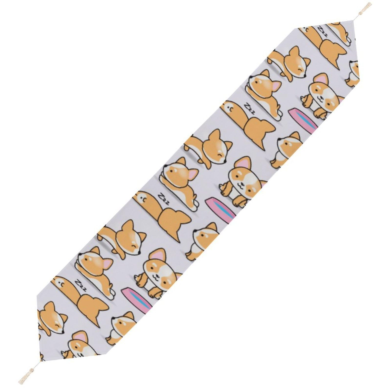JZemdybill 229*33cm Table Runner with Tassel, Funny Corgi Table Runner, Table Decoration for Kitchen, Party, Restaurant