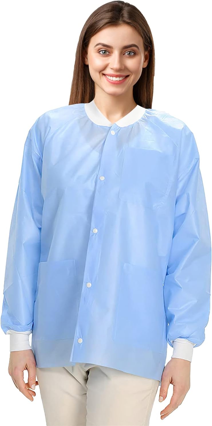 10 Pack Disposable Lab Jackets - Hip Length Reusable Scrub Jacket Unisex, with Knit Cuffs and Pockets