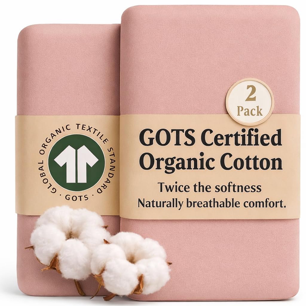 Bunnyjik Dusty Rose + Dusty Rose Organic Next To Me Crib Sheets – Gots Certified Thickest & Softest Gots Organic Cotton 200Gsm – Bedside Sleeper Sheet 51X85 / 50X90 Next2me Cozee Bedside Crib Fitted Mattress Sheets