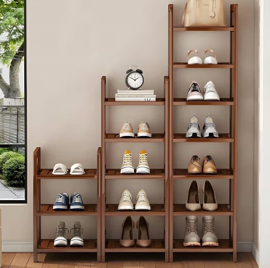 Modern Narrow Sheesham Wood Shoe Organizer Brown Entryway Shoe Rack Small Narrow Multi-Layer Entrance Floor Shoe Cabinet Simple Home Large Capacity ShoeRack Brown (2 Tier)-image-40
