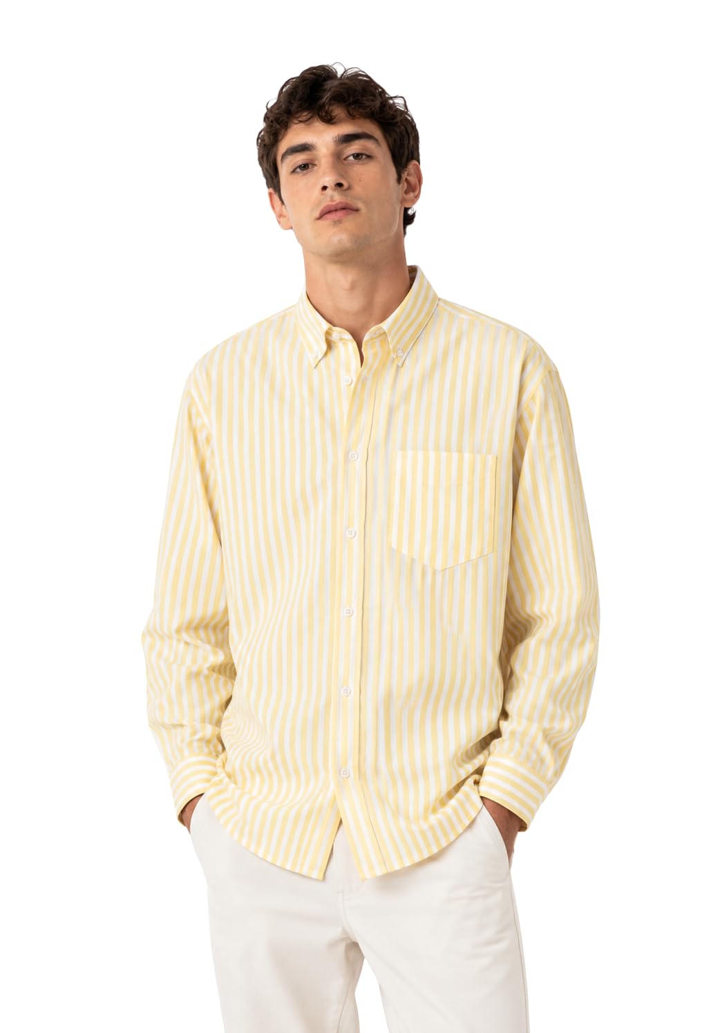 Men's Striped Oxford Shirt | 100% Cotton Full Sleeve Casual Shirt for Men | Regular Fit Button Down Collared Shirt for Office, Business (Yellow) (in, Alpha, L, Regular)-image-9
