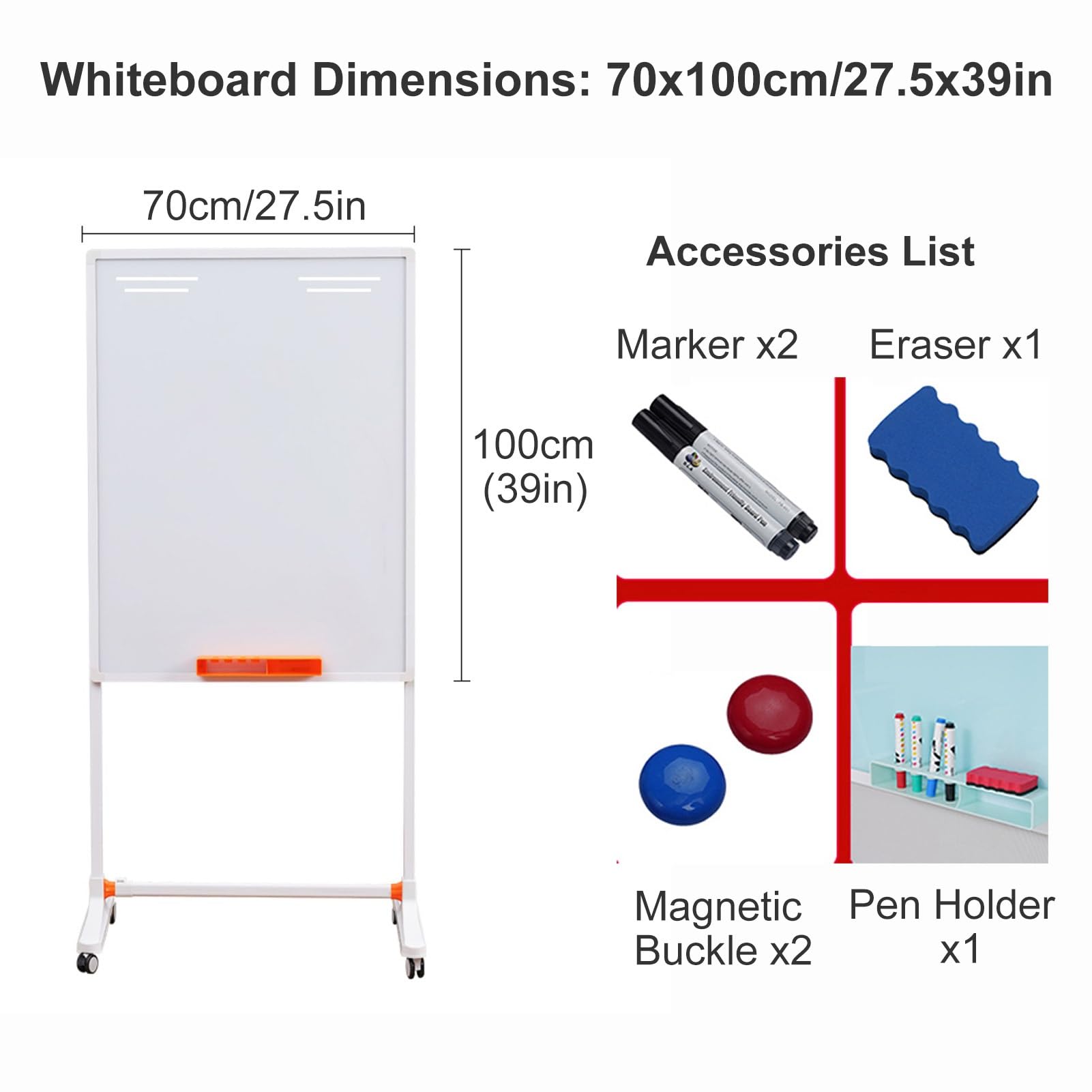 Tablica Suchościeralna na Kółkach, Magnetyczna, z Podstawą, Stojąca Tablica Suchościeralna na Kółkach, Regulowana Wysokość(White,70x100cm/27.5x39in)