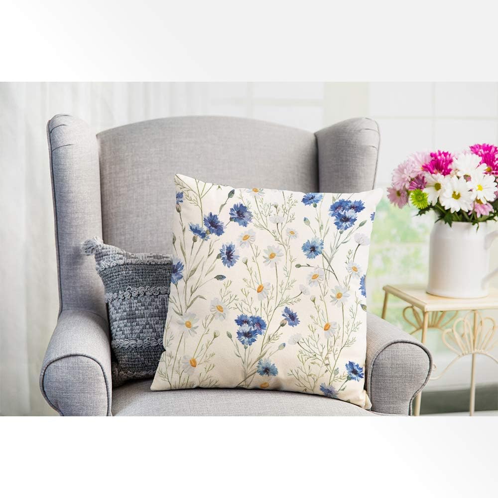 EKOBLA Watercolor Flowers Throw Pillow Cover Blue Cornflower White Daisy Vintage Spring Blossom Cozy Square Cushion Case for Men Women Boys Girls Room Home Decor Cotton Linen 18x18 Inch - Image 4