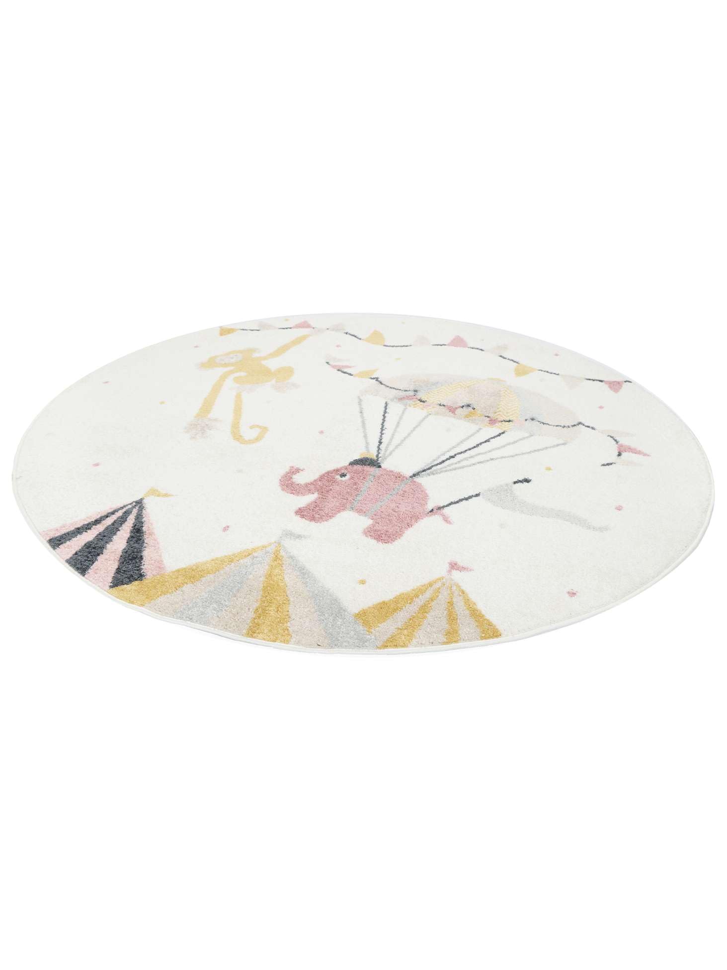 RugVista Monkey Circus Tapis pour Enfants, Ø 150 cm, Rose/Off Blanc