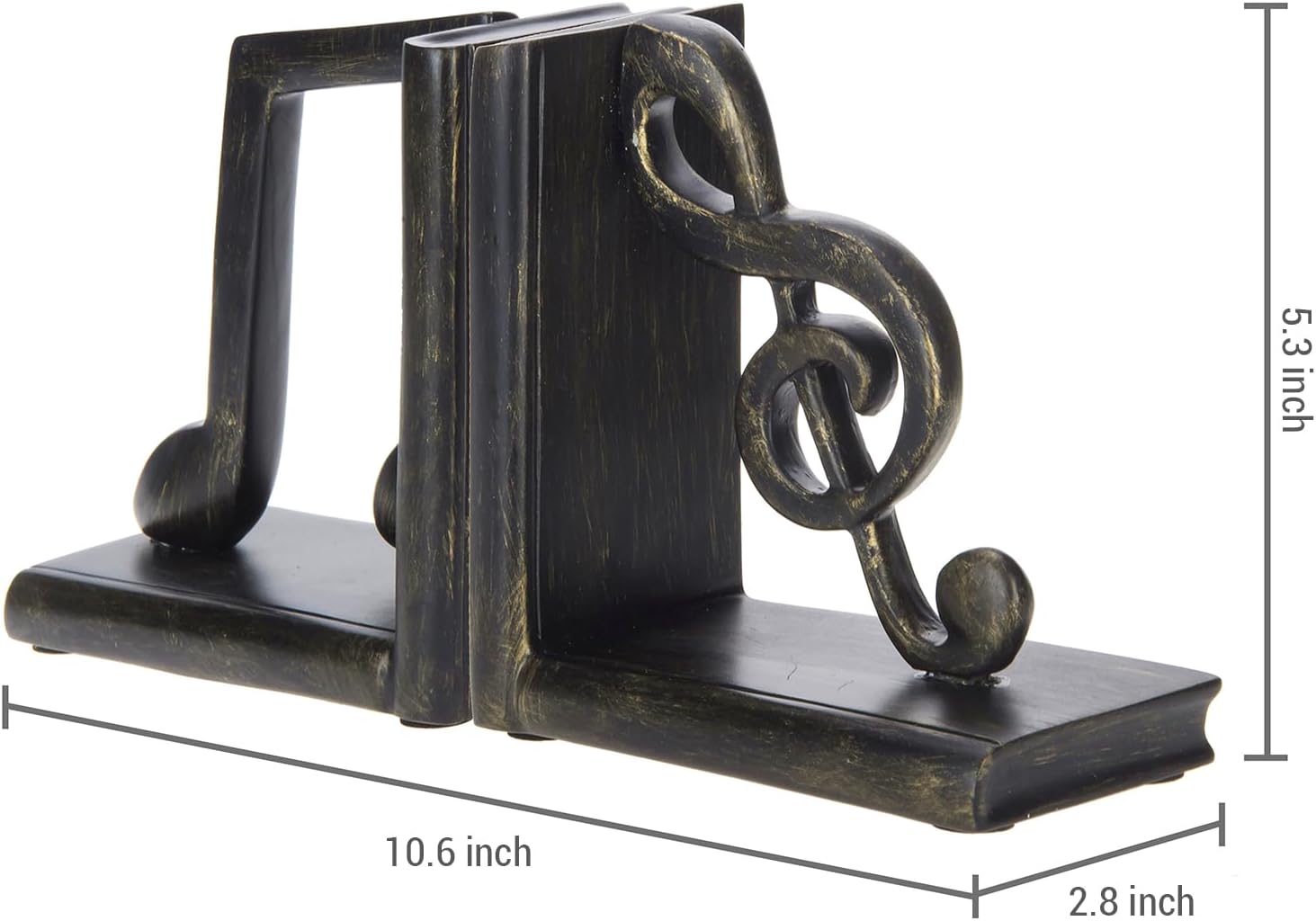 MyGift Tabletop Decorative Bookends, Elegant Brown Resin L-Shaped Desktop Book End Holders with Sculpted Musical Notes, 2 Piece Set