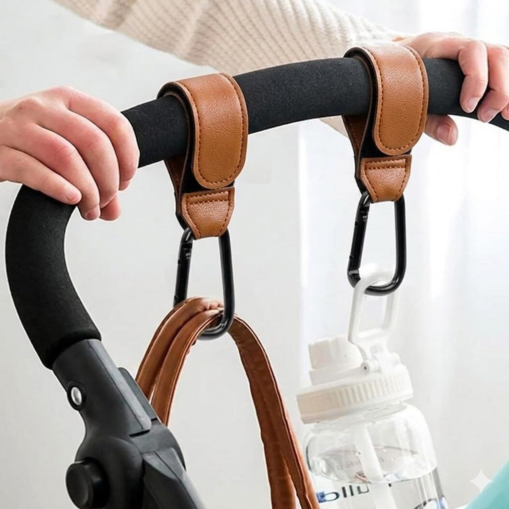Universal PU Leather Stroller Hooks, 2-Pack Non-Slip Adjustable Secure Straps, Versatile Hanger Organizer for Baby Gear, Grocery & Shopping-Brown