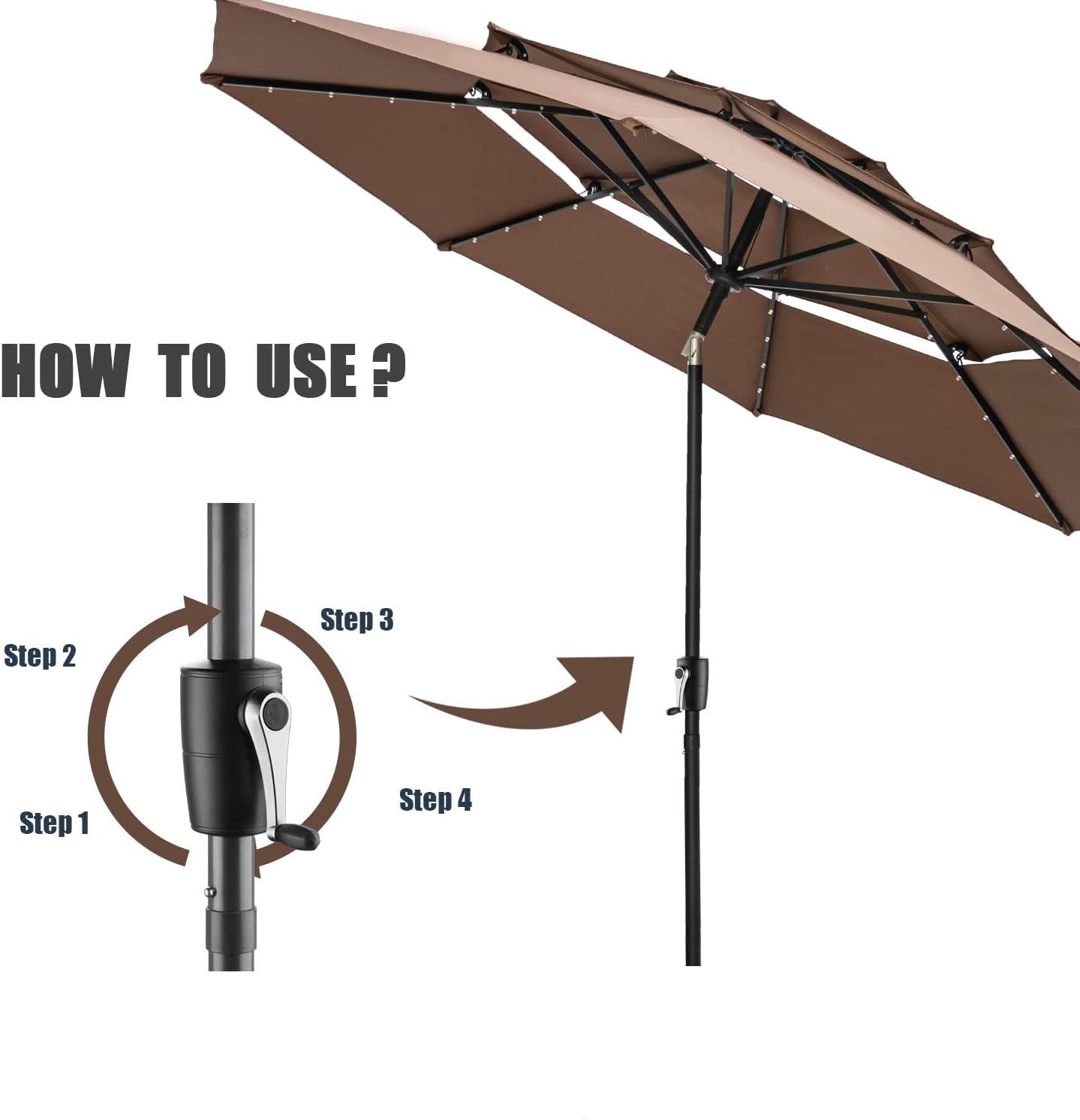 3 Tiers Patio Umbrella with Solar Powered, Outdoor 10ft Market Table Umbrella with 40 LED Lights, Push Button Tilt, Crank and 8 Ribs for Garden, Backyard and Pool