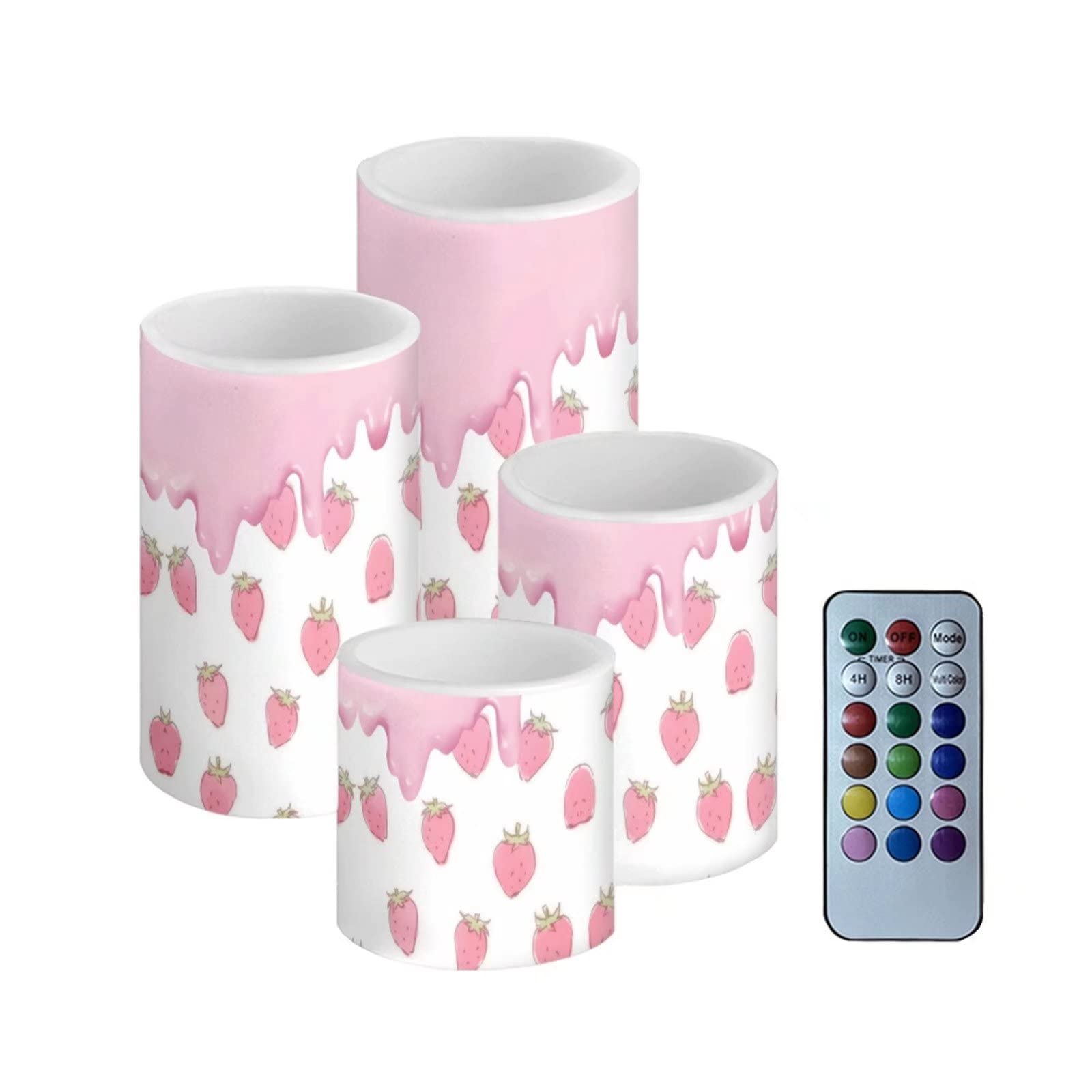 Showudesigns Strawberry Milk Decor Flameless Candles for Women Girly Tea Lights Candles Flickering Candles 4 Pack Battery Operated Pillar Color Changing LED Candles Set Pink