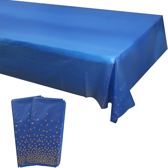 Xinzistar 2Pcs Reusable Plastic Tablecloths Dark Blue and Gold Dot Tablecloths 54" x 108" Rectangle Table Cover Waterproof Dot Confetti Table Covers for Party Picnic Birthday Wedding Baby Shower