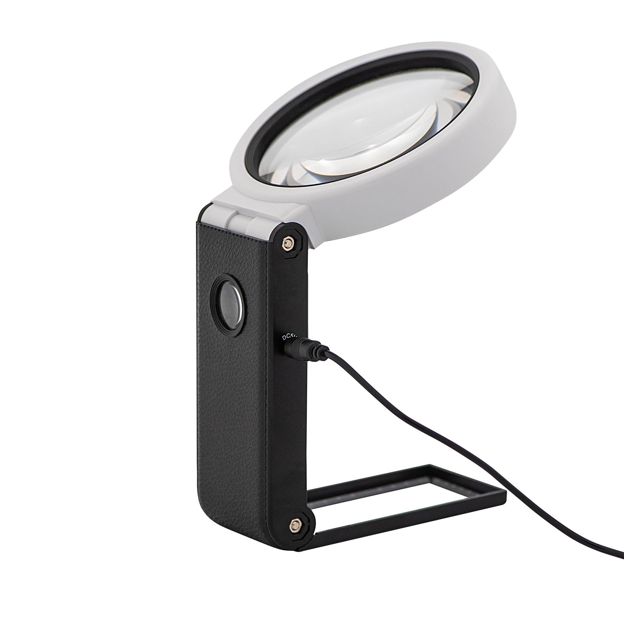 WEDO Loupe de Poche UV LED avec Pied Pliable avec Piles et câble USB, Grand Champ de Vision de 9 cm et grossissement 2,5X + lentille supplémentaire de 2,5 cm de diamètre, 10 Fois, Noir