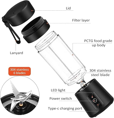 Miniatura 2 de Licuadora portátil, licuadora para batidos y batidos, licuadora personal, mini licuadora de batidos de 12.8 fl oz USB recargable con 6 cuchillas de