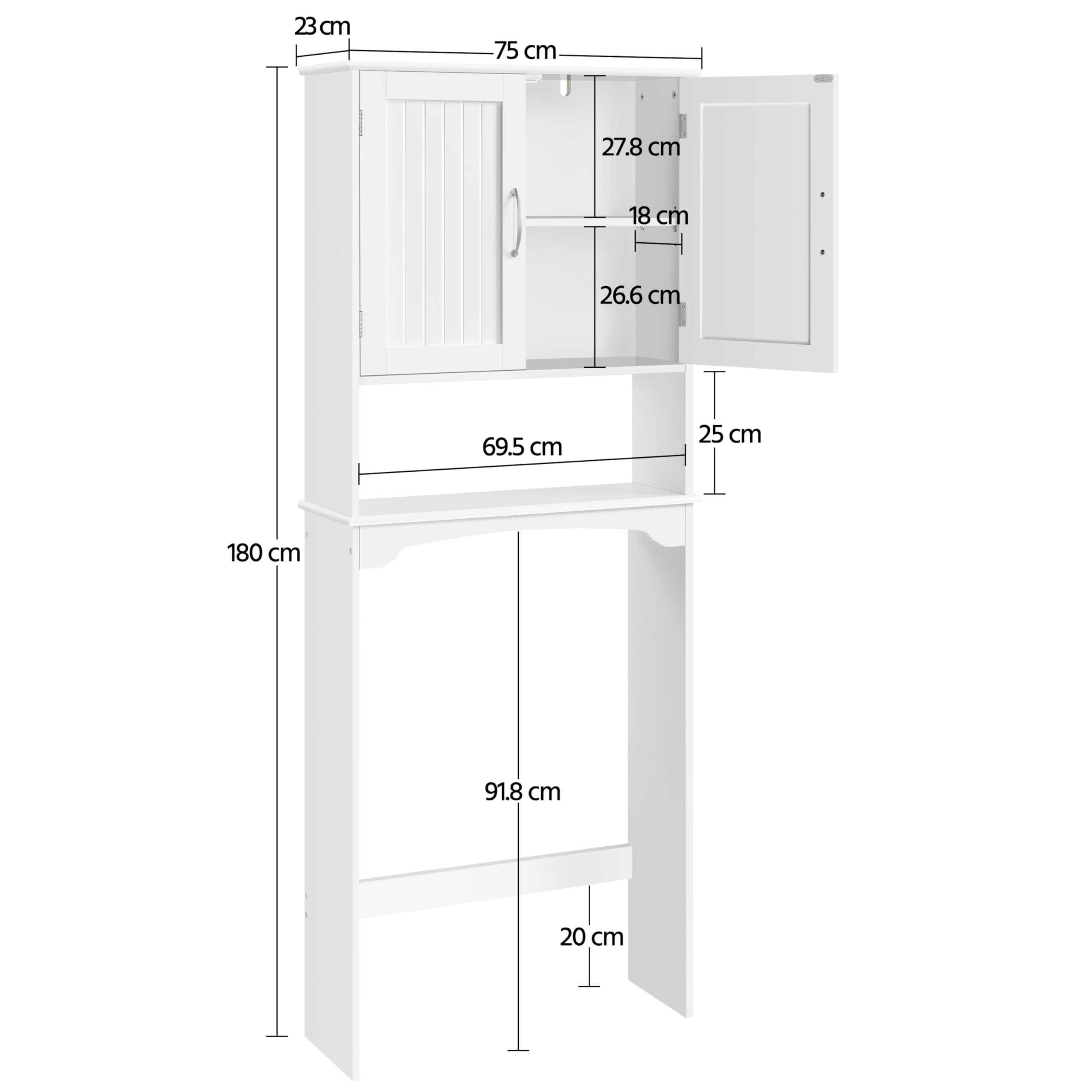 Yaheetech Meuble WC Dessus de Toilette/Machine à Laver, 75 x 23 x 180 cm, Armoire de Rangement de Salle de Bain avec 2 Étagères Réglables et 1 Compartiment Ouvert, Meuble Colonne sur Pied Blanc