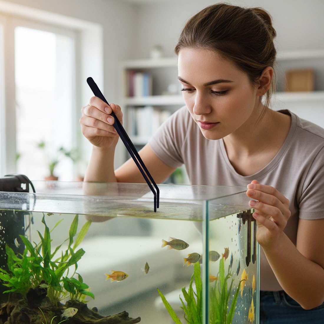 1 pièce Pince à Aquarium, Pince à Nourriture Longue en Acier Inoxydable pour Reptiles et Plantes Aquatiques (27 cm Courbée) (Noir)