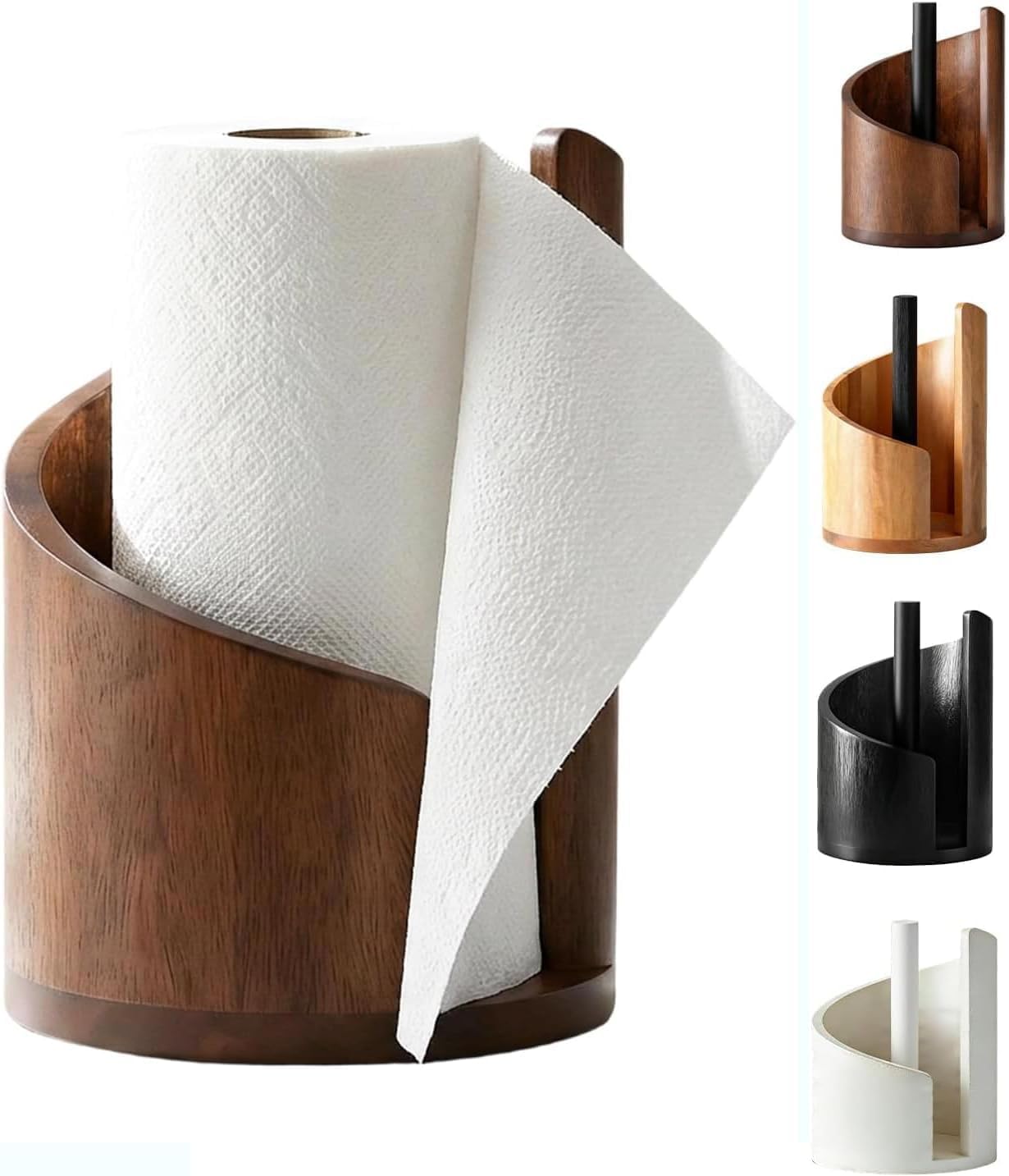 Mountain Paper Towel Holder, Countertop Wooden Holder with Mango-Wood Round Base and Iron Holders, One-Hand Tearing, Holds Jumbo and Mega Rolls for Kitchen, Living Room (Brown)