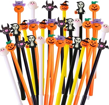 30 Pcs Halloween Pens, Pumpkin Skull Heads Ghost Bat Shape Pens,0.5 MM Bulk Black Rollerball Pen for Halloween Party Supplies School Office