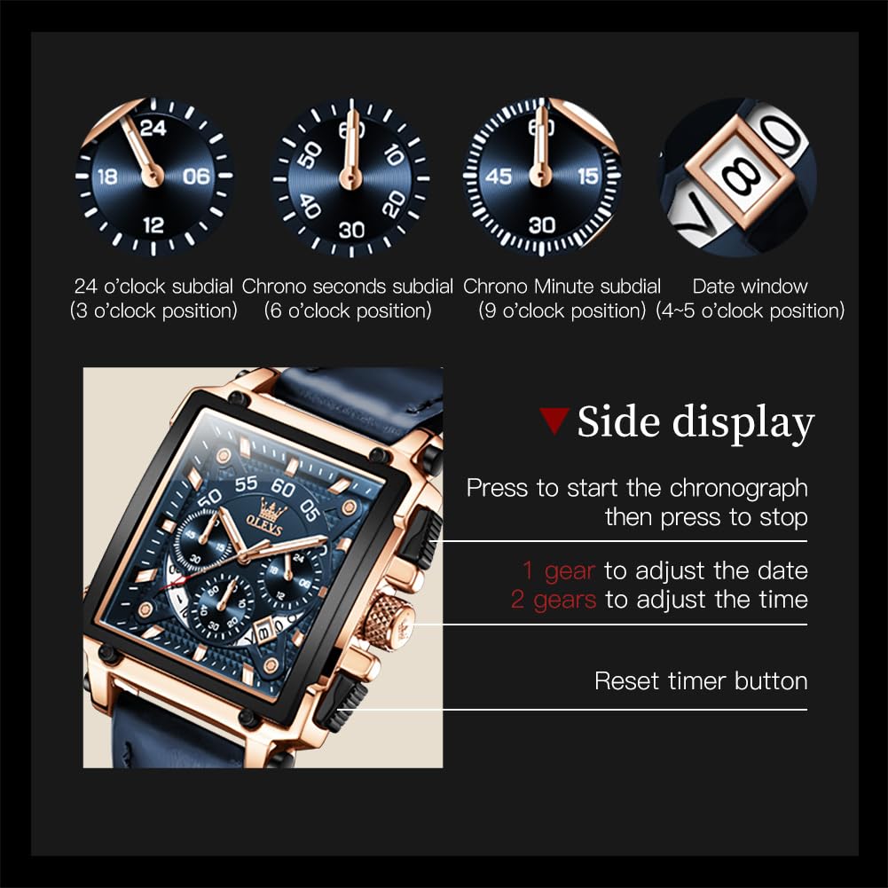 OLEVS Watches for Men Quartz Chronograph Leather Fashion Dress Watch Date Waterproof Luminous Casual Square Business Wrist Watches