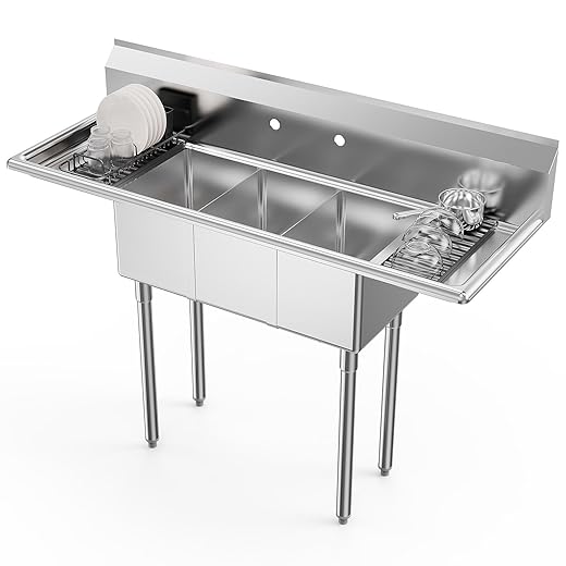 ROVSUN Commercial Sink, Stainless Steel Sink with 3 Compartment and 2 Sides Drain Rack, 20" x 54" x 43.5" Freestanding Utility Sink, Great for Restaurant Kitchen Laundry Room Garage Sunroom