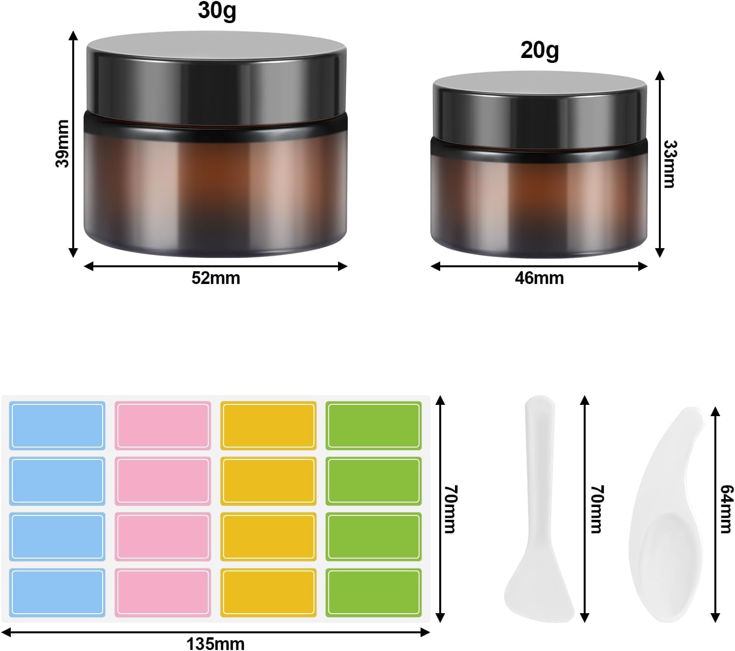 15 Vasetti Vetro Ambrato 20ml Con Raschietti Ed Etichette - Per Creme, Oli Essenziali E Cosmetici Fai Da Te