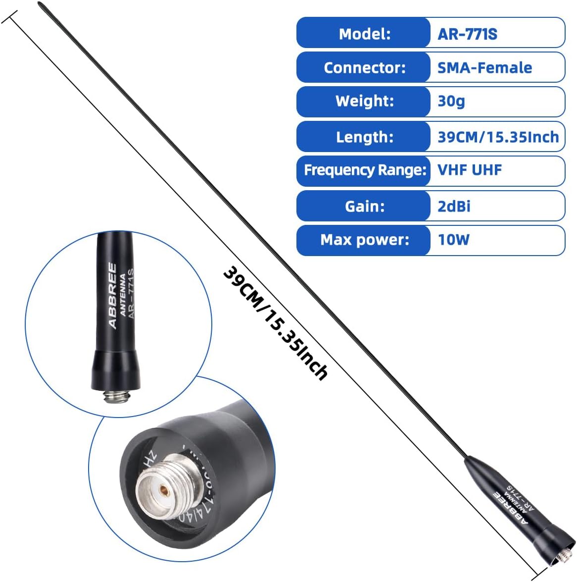 ABBREE AR-771S antenna with detailed specifications and measurements