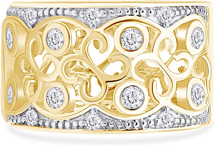 THE JEWEL ZONE White Cubic Zirconia Floral Design Wide Band Ring in 14k Gold Over Sterling Silver