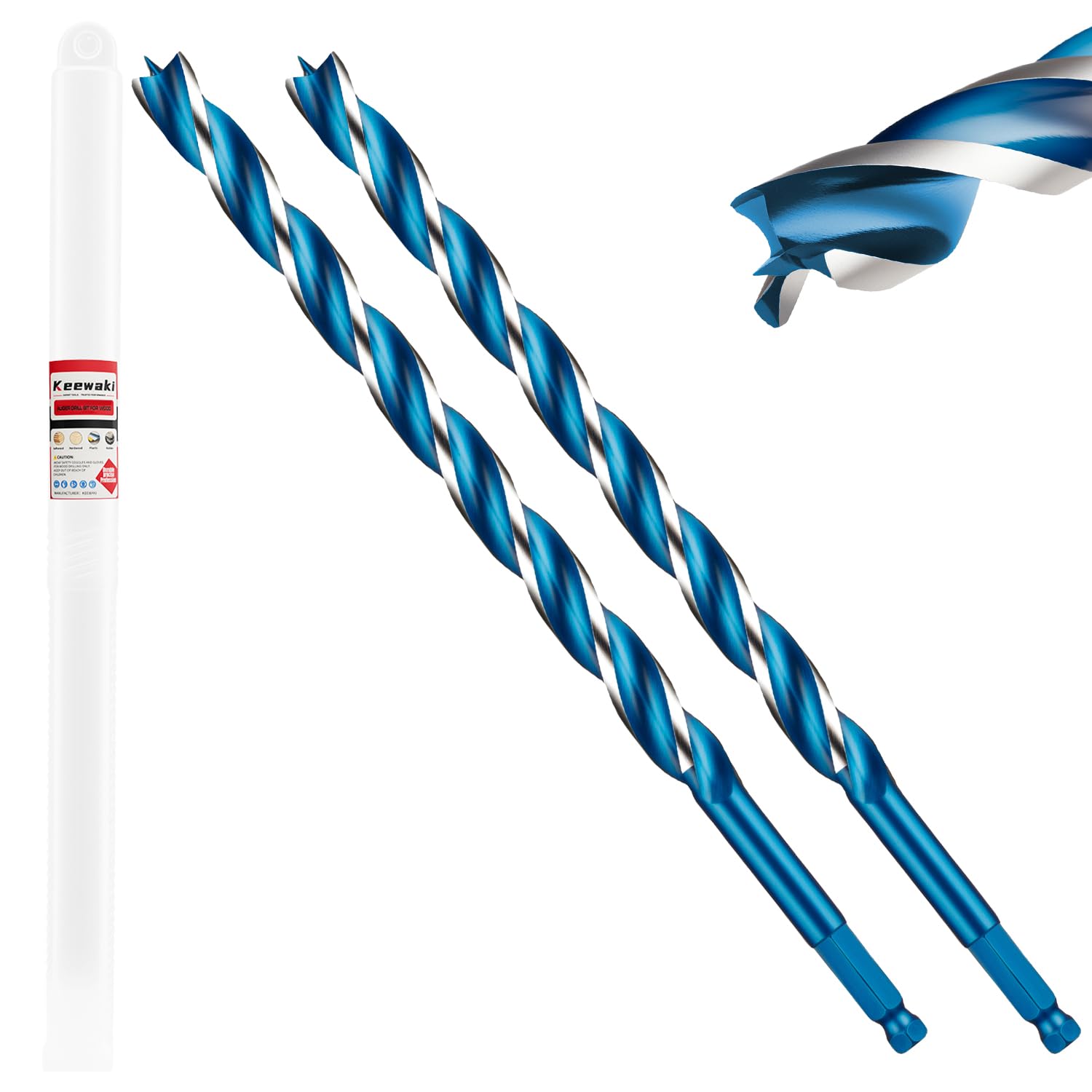 Keewaki 2 Pack 6mm x 300mm 3-Flute Auger Drill Bit for Wood – Extra Long Wood Drill Bits with Hex Shank, Heavy Duty Spiral Bit for Fast & Clean Deep Hole Drilling in Timber