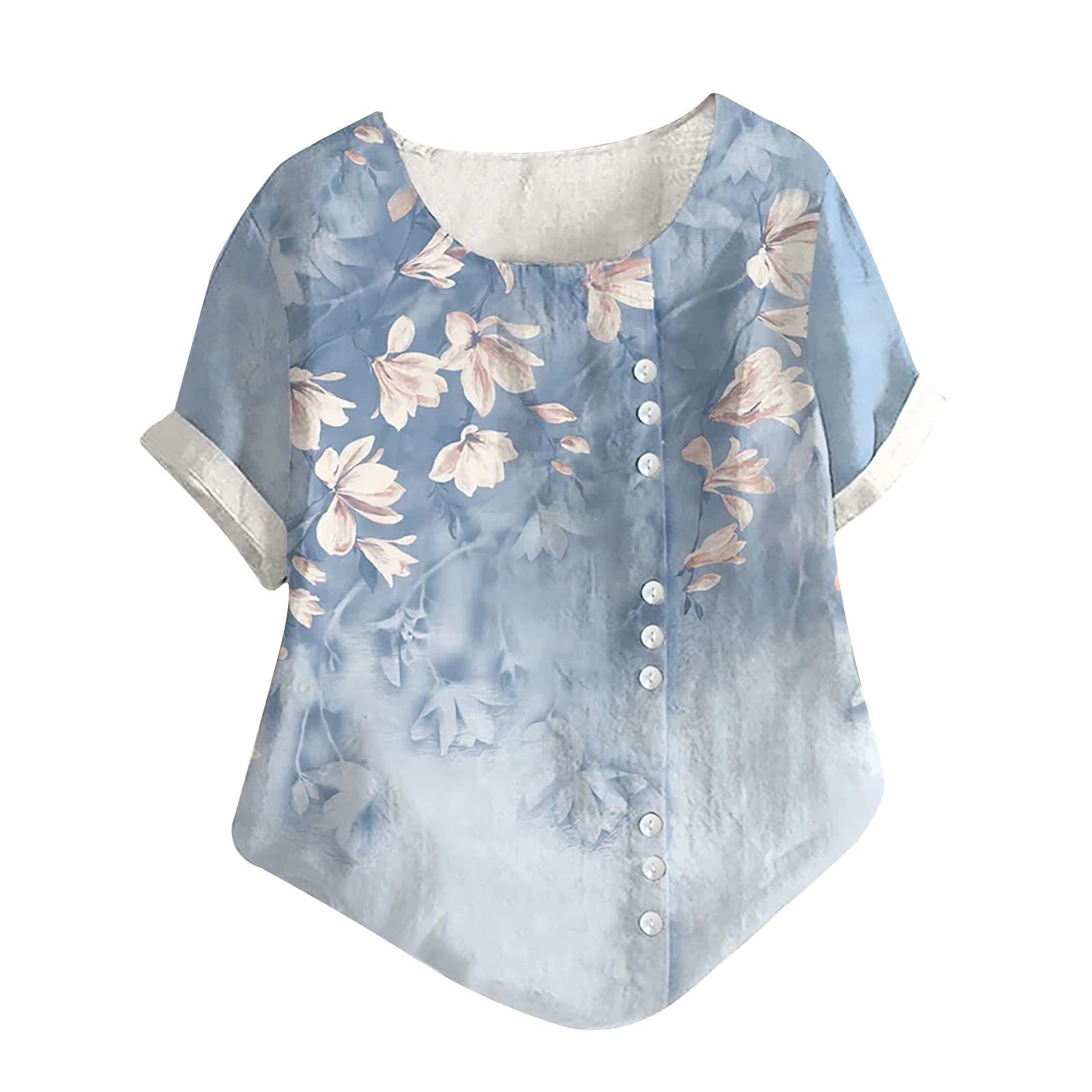 NUSGEAR 2022 Camiseta Manga Corta de Mujer,Verano Lino Moda Floral impresión Blusa Elegante Camisa Cuello Redondo Camiseta Casual Suelto Tops Fiesta Elegante botón T-Shirt Original tee