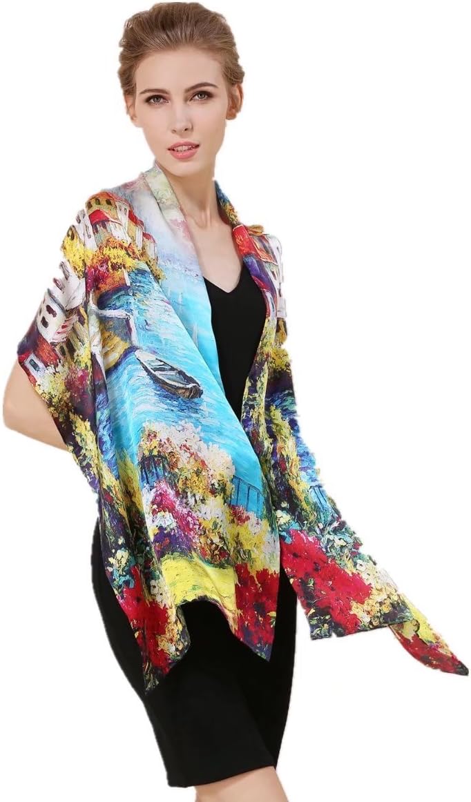 Women's 100% Charmeuse Mulberry Silk Long Scarf For Gift Hair Ladies Shawls Floral And Butterfly Scarves
